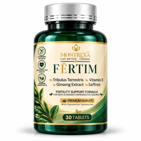 Montrexa FERTIM fertility support formula supplement bottle with Tribulus Terrestris, Ginseng Extract, Vitamin E and Saffron, 30 tablets