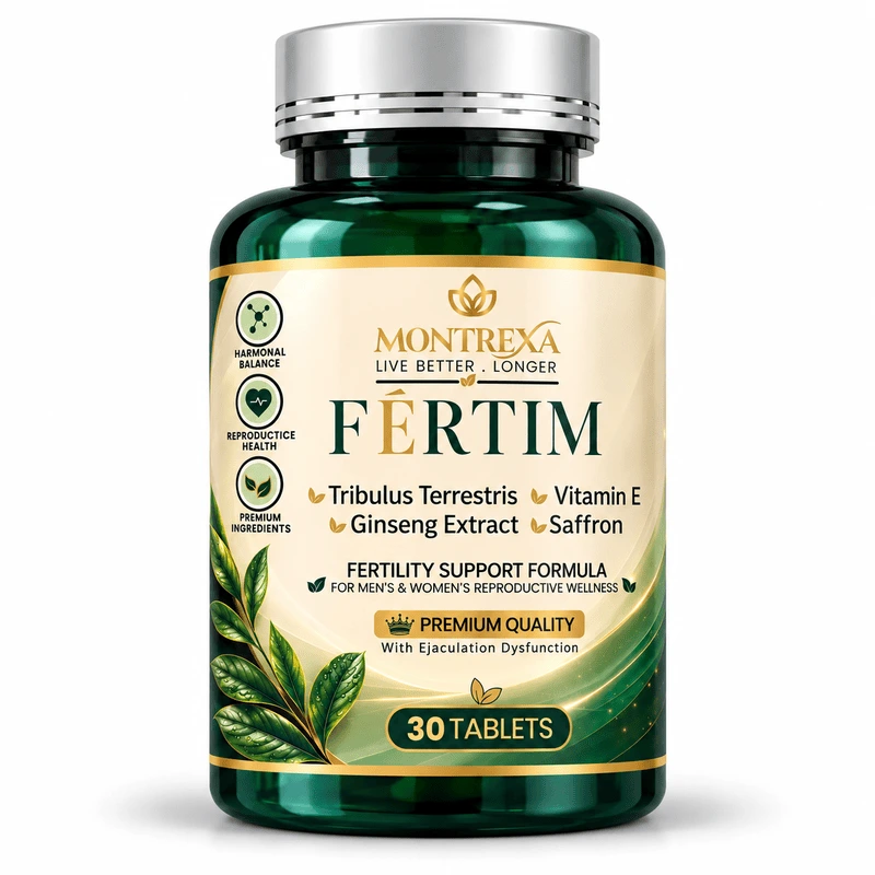 Montrexa FERTIM fertility support formula supplement bottle with Tribulus Terrestris, Ginseng Extract, Vitamin E and Saffron, 30 tablets