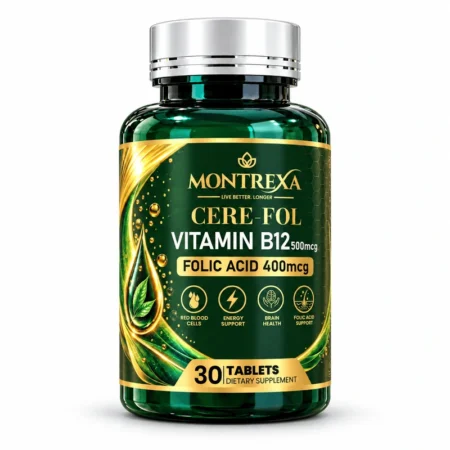 Montrexa CERE-FOL Vitamin B12 500 mcg and Folic Acid 400 mcg supplement bottle, 30 tablets