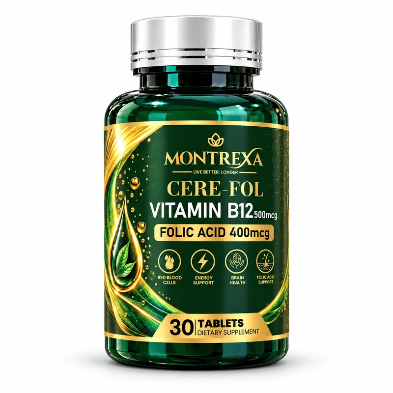 Montrexa CERE-FOL Vitamin B12 500 mcg and Folic Acid 400 mcg supplement bottle, 30 tablets