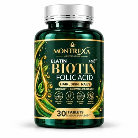 Montrexa ELATIN Biotin 2500 mcg with Folic Acid, 30-tablet supplement bottle with dark green and gold label