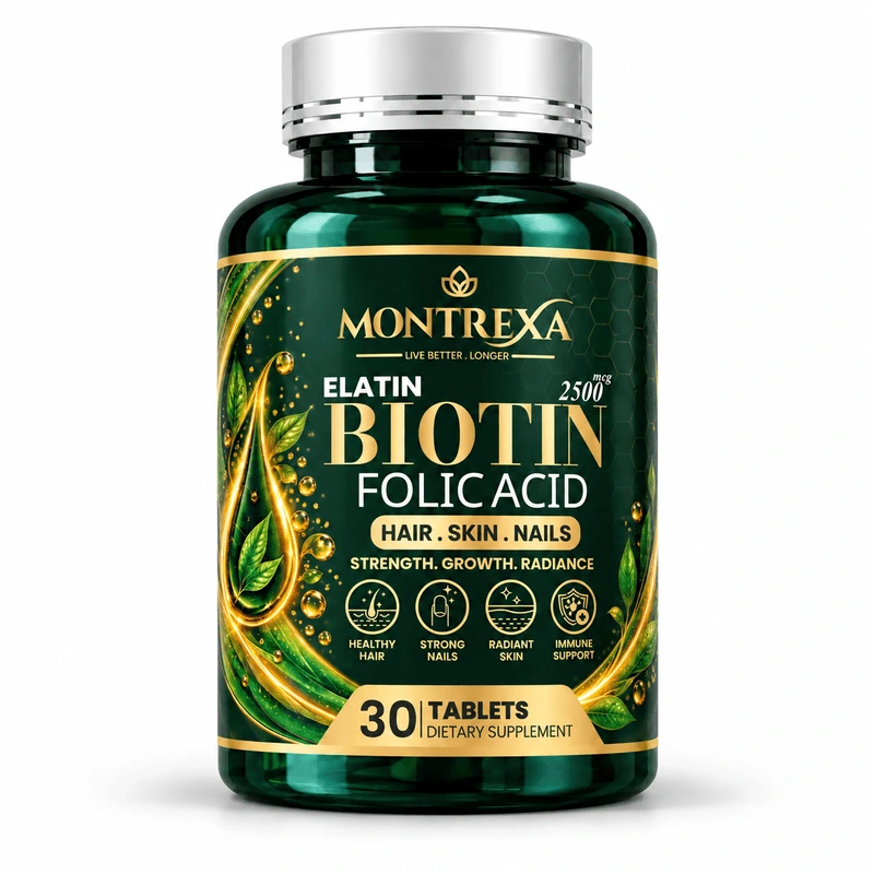 Montrexa ELATIN Biotin 2500 mcg with Folic Acid, 30-tablet supplement bottle with dark green and gold label