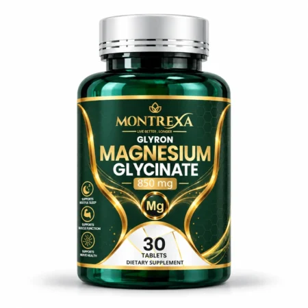 Montrexa GLYRON Magnesium Glycinate 850 mg dietary supplement bottle with 30 tablets, dark green packaging and silver cap