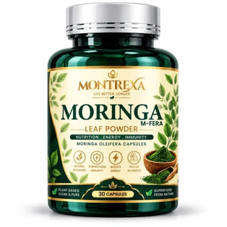 Montrexa M-FERA Moringa Oleifera leaf powder supplement, 30 capsules in a dark green bottle with cream and green botanical label