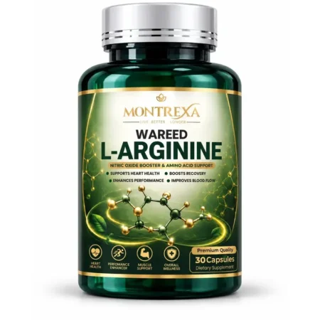 Montrexa WAREED L-Arginine dietary supplement, 30 capsules in a dark green bottle with silver cap and green-gold label
